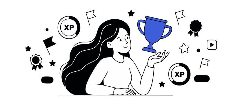 Gamification woman winner trophy cup holding blue reward achievement icon in line art style representing female user success motivation, leveling up, experience points XP progress and game reward badg