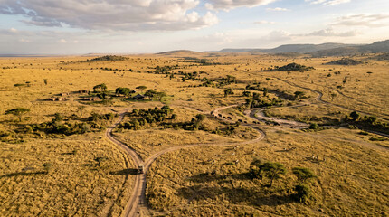 Obraz premium Aerial View of African Savannah with Safari Vehicle Driving on Winding Dirt Road at Sunset