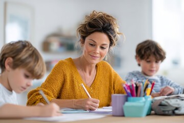 Fototapeta premium Mother helping two children with homework and focused study at a home table for family learning and school preparation