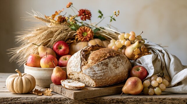 Traditionelles Erntedank-Stillleben mit knusprigen Brotlaiben