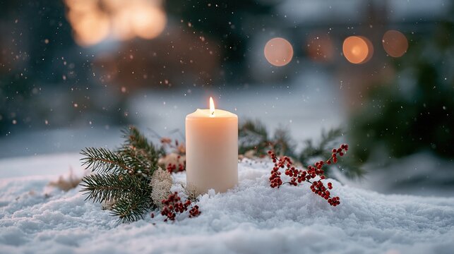 Einzelne wei&szlig;e Stumpenkerze brennt im frischen Schnee zwischen Tannen