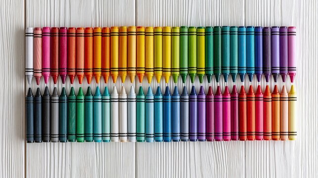 Regenbogen-Anordnung bunter Wachsmalstifte in ordentlichen Reihen
