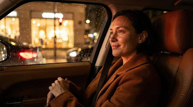 Nachdenkliche Frau im Auto bei Nacht mit Stadtlichtern am Fenster