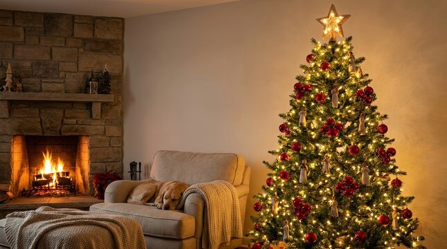 Geschm&uuml;ckter Weihnachtsbaum am Kamin mit schlafendem Hund