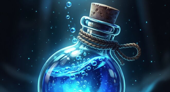 Glowing Blue Magic Potion Bottle Digital Illustration with Bubbles for Fantasy Game Design Background