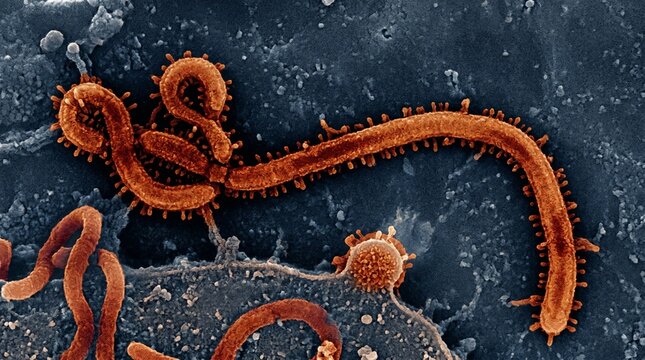 Ebola virus particles emerging from an infected cell