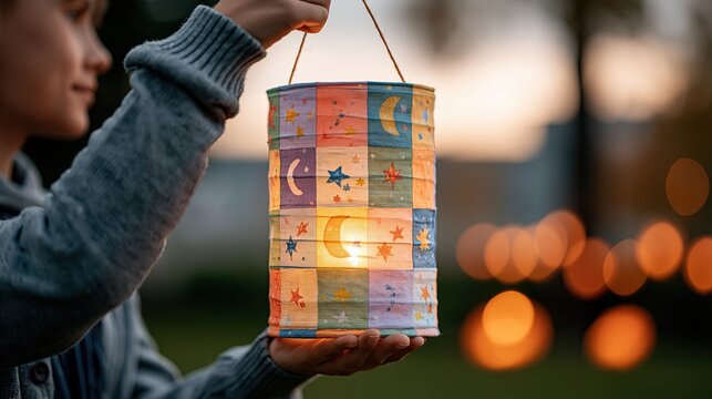 Bunte handgemachte Papierlaterne mit warm gl&uuml;hender Kerze im Inneren