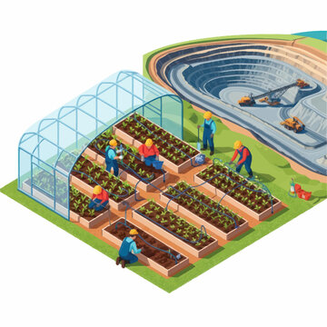 Workers tending to plants in a greenhouse next to a large open pit mine.