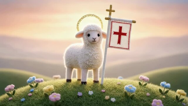Knitted lamb with halo and religious flag standing on grassy hill. Christian concept scene featuring symbolic animal of god for Easter and biblical celebration.