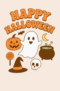 niedliche halloween illustration mit freundlichem geist k&uuml;rbis hexenhut zauberkessel lutscher fledermaus mond und sch&auml;del im verspielten cartoon stil f&uuml;r herbstliche saisonale dekorationen 