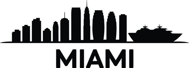 Obraz premium Miami skyline silhouette featuring diverse skyscrapers and a cruise ship, with city name text below, graphic illustration in solid black style and coa