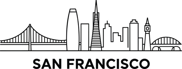 San Francisco skyline with bridge and skyscraper landmarks in a minimalist line art style and black and white in outline style © pyenga