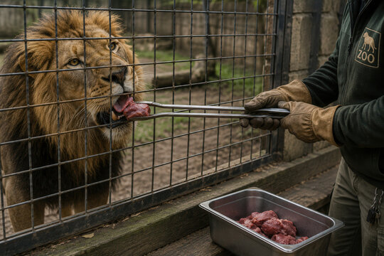 A lion is receiving food from a zoo keeper using tongs. The lion looks focused on the meat while the keeper handles the food carefully. The setting is a zoo enclosure.