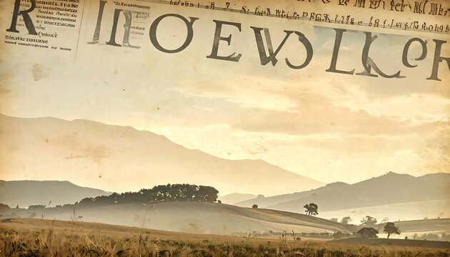 Aged textured parchment overlay on a serene landscape with rolling hills and distant mountains at sunrise, ancient text fragment
