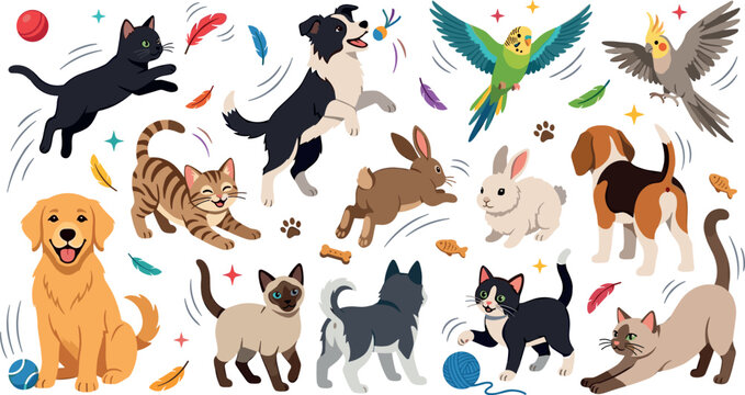 Playful Pet Animals Collection Set with Dogs, Cats, Rabbits, and Birds in Action Poses with Toys and Feathers in Flat Design Style
