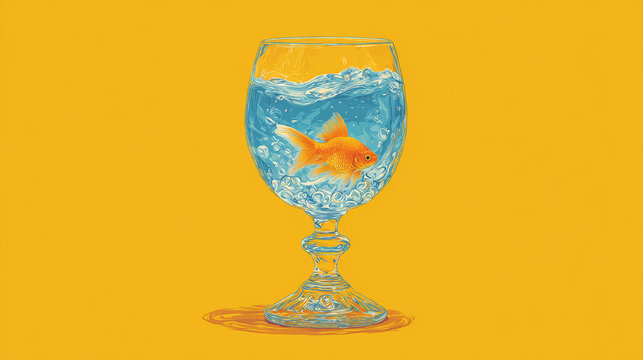 Traditional armudu glass filled with clear blue sea water and tiny goldfish on yellow background, creative concept