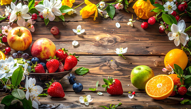 Abundant fresh fruit and flowers arrangement on a rustic wooden surface, vibrant colours, natural bounty, spring harvest