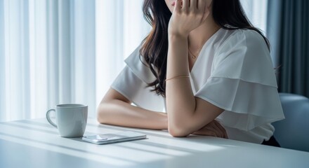 Naklejka premium Close Up of Depressed Woman Covering Mouth in Tears with Mug on Clean Table Foreground
