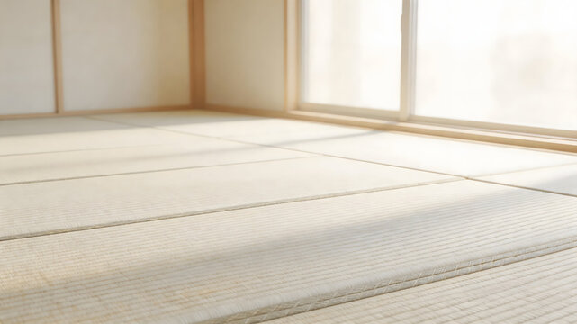 Japanese room with tatami floor and shoji doors in natural light