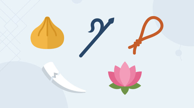 A clean flat design illustration presenting Lord Ganesha's sacred attributes, symbolizing his divine wisdom and power. 