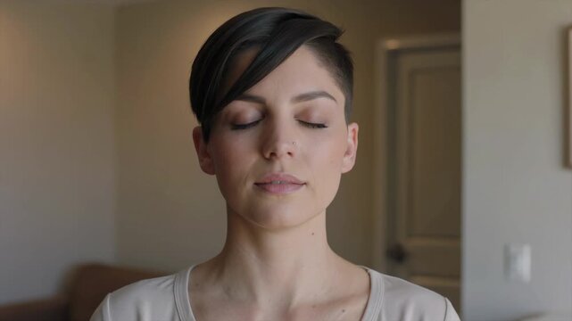 Young woman practicing mindful breathing with eyes closed indoors