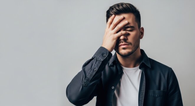 Overwhelmed Young Man closing His Eyes with Hand Expressing Disappointment or Pain
