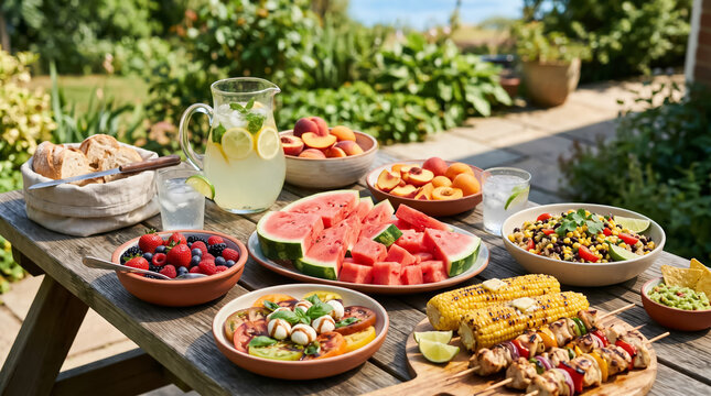 Delicious summer picnic food spread on a wooden table with a red checkered tablecloth in a backyard garden