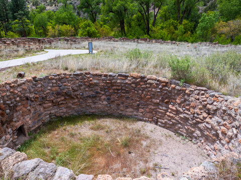 Bandelier National Monument, New Mexico - May 6, 2026: The ruin of a prehistoric Pueblo village showing houses and the kiva