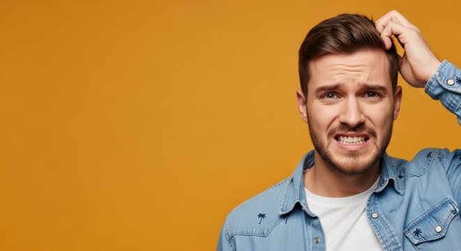 Confused Man Scratching Head with Nervous Smile against Bright Yellow Wall Backdrop