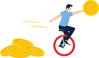 Man Riding Unicycle with Bitcoin Coin Representing Cryptocurrency Investment Risk © ma_design