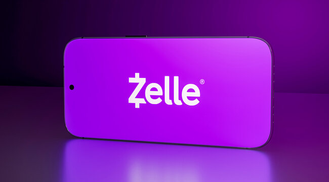 Zelle Digital Payment Logo on Smartphone, Mobile Banking, Fintech Transaction Platform, 3D Rendered	