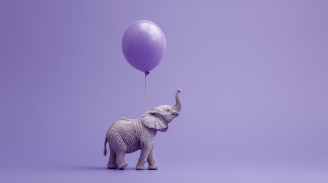Tiny elephant being lifted by a single purple helium balloon on lavender background, lightness concept