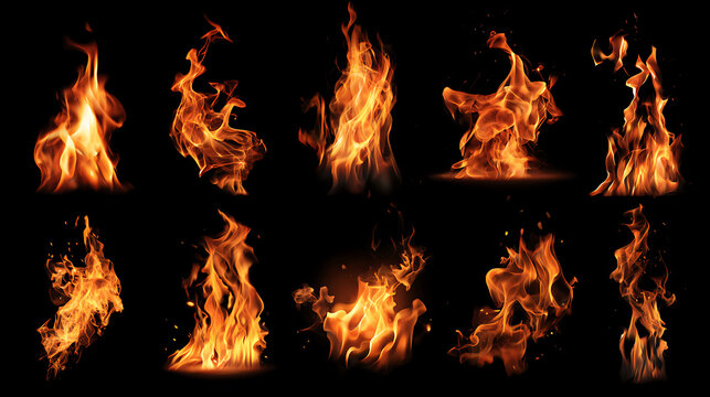 Set of realistic fire flames and sparks isolated on black background