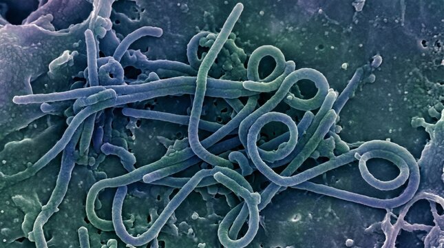 Ebola virus particles emerging from an infected cell