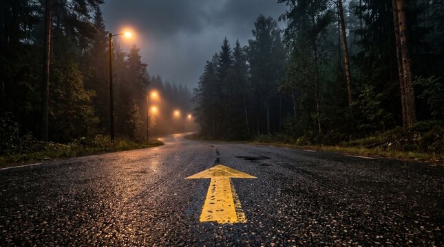 Misty Night Journey, Road Ahead, Forest Setting, Photography, Calm Environment, Low Angle, Mysterious Adventure