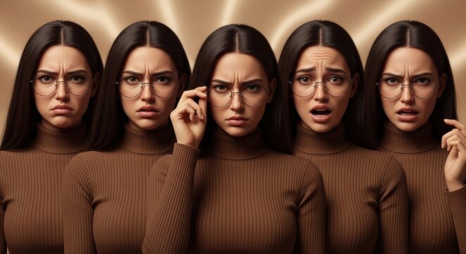 Conceptual Row of Five Identical Brunette Women with Anxious and Worried Expressions