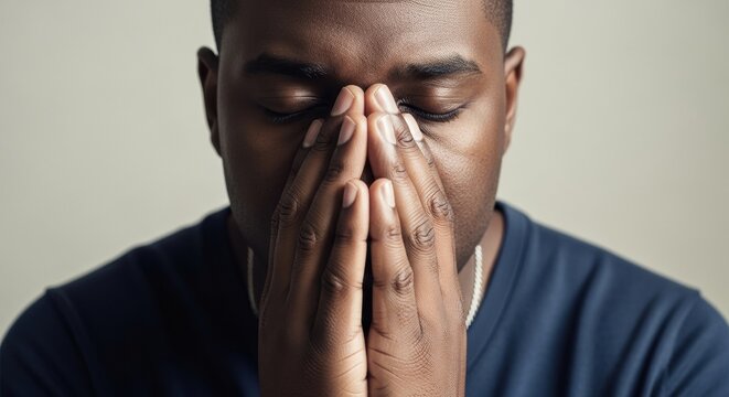 Close Up Portrait of African American Man rubbing His Nose Bridge in Exhaustion