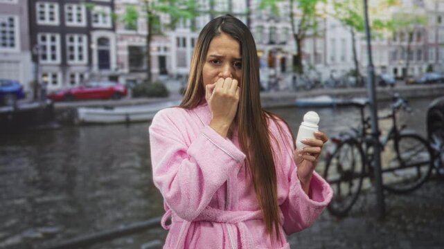 Woman in pink bathrobe biting her fingers while holding a rollon deodorant on a street by a canal with bicycles and boats visible; anxiety.