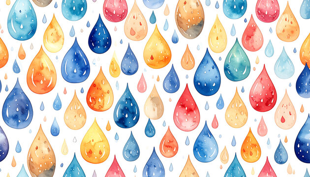 abstract watercolor raindrops pattern, diverse colors like blue, orange, yellow, red, and pink, with subtle pixelation effect