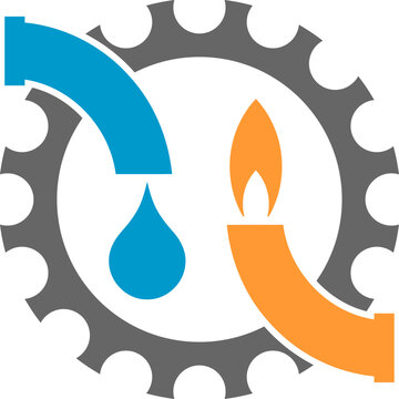 Wasserhahn, Flamme und Zahnrad, Klempner, Installateur, Logo, Icon