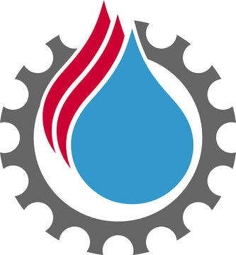 Wassertopfen, Flamme und Zahnrad, Klempner, Installateur, Logo