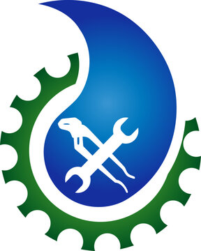 Wassertropfen, Zahnrad und Werkzeuge, Klempner, Installateur, Logo