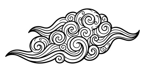 Fototapeta premium Intricate oriental wave and cloud vector. Chinese or Japanese style decorative spiral swirl, isolated black and white line art ornament for traditional Asian design and tattoo graphics.