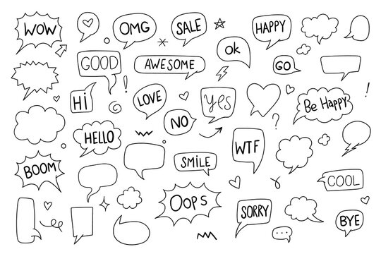 Hand drawn speech bubbles doodle set. Comic chat icons and text balloons collection