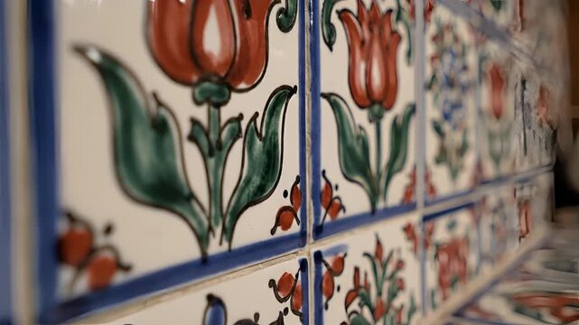 Closeup of ornate floral ceramic tiles with intricate patterns.