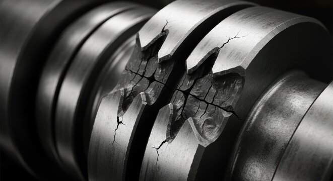 Extreme macro view of a severely cracked industrial metal component showing fatigue failure