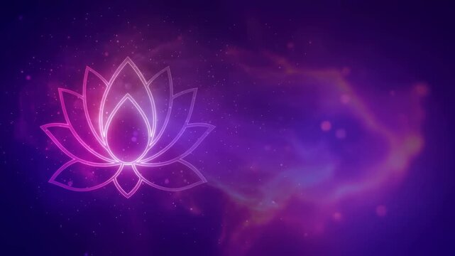 Animated glowing lotus flower changes color with cosmic nebula background. Mystical spiritual motion graphics for meditation concept.