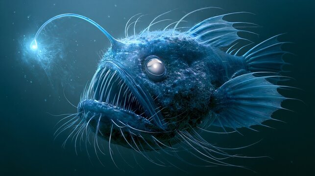 Deep-sea monster fish, with glowing bait on its head, lives in the ocean.