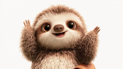 Fototapeta premium Cute sloth in a cartoon style waves hello from a plain white background.