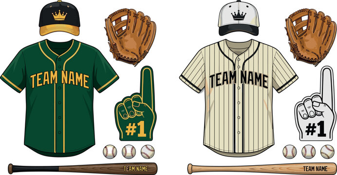 Baseball Team Uniform Set with Green and Cream Jersey, Cap, Glove, Bat, and Ball for Sports Branding Design Templates